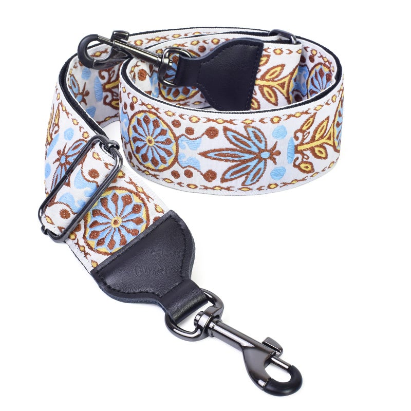 CLOUDMUSIC Banjo Strap Guitar Strap For Handbag Purse Jacquard Woven With Leather Ends And Metal Clips(Vintage Patten In White) - Image 1